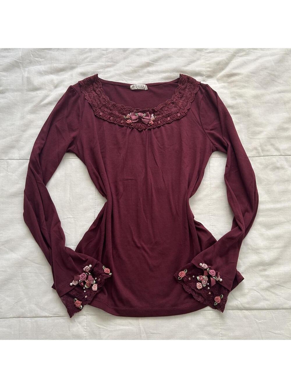 Axes Femme Burgundy Red Rose Ribbon Lace Long Sleeve Top Size M Japan